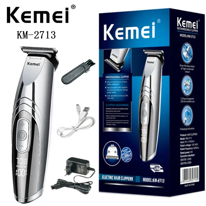 Триммер для стрижки волос из нержавеющей стали Kemei KM-2713 с разъемом USB и Eu с ЖК-дисплеем