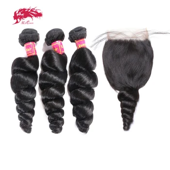 Ali Queen Hair 3/4 шт. Бразильские Пучки волос Remy Свободной волны с кружевной застежкой, свободная часть, пучки человеческих волос с застежкой