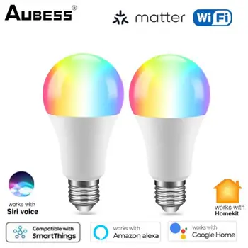 Matter WiFi Умная лампа с Регулируемой Яркостью LED Light E27 9 Вт RGB + теплый + белый Homekit Control Работает с Siri Alexa Google Home Умный дом