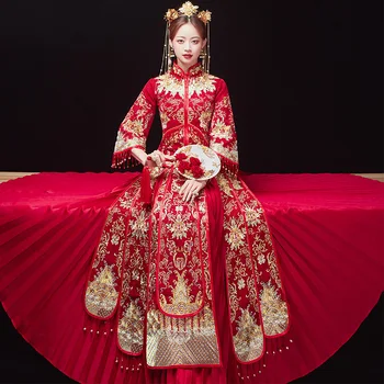 Винтажное китайское традиционное свадебное платье Ципао с Восточной цветочной вышивкой и кисточками для Невесты и жениха китайская одежда