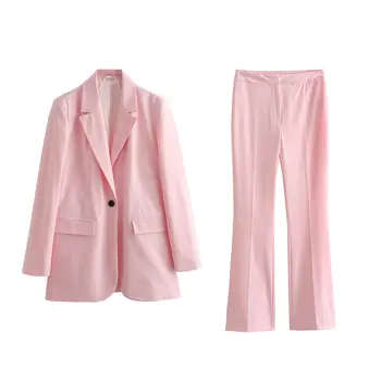 женский комплект из 2 предметов 2023, модный костюм прямого кроя, куртка + расклешенные брюки, Женский костюм