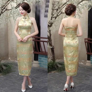 Золотая юбка, китайский чонсам, длинное сексуальное элегантное вечернее платье чонсам, женское китайское платье невесты с открытой спиной, чонсам 2020