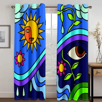 Иллюстрация природы с солнцем, цветами и глазами, эко-дизайн, Европейские шторы на заказ для гостиной, столовой, спальни