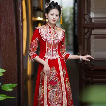 Китайская Традиционная Невеста Блестки Бисероплетение Кисточки Вышивка Свадебное платье Одежда Для Тостов Hanfu Tang Костюм Костюм