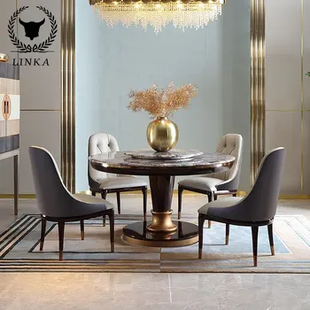 Легкая экстравагантность в стиле постмодерн, круглый стол из натурального мрамора с поворотным столом, сочетание стульев для ресторана