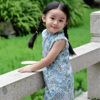 Летний сарафан с цветочным рисунком для маленьких девочек, юбка Ципао с короткими рукавами, китайское традиционное платье Vestidos Para Niñas