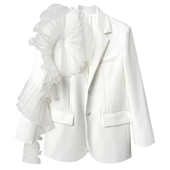 Модный женский блейзер Осень-зима, белое пальто с длинными рукавами и оборками в виде большого цветка