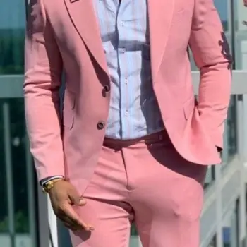 Мужские Розовые Смокинги для жениха с козырьком и лацканами, Свадебная Деловая Повседневная Одежда для официальных мероприятий из 2 предметов (куртка + брюки)