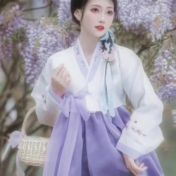 Платье Ханбок, Женский Корейский костюм с фиолетовой вышивкой, Женский Корейский Дворцовый костюм для путешествий, танцевальный костюм Ханбок