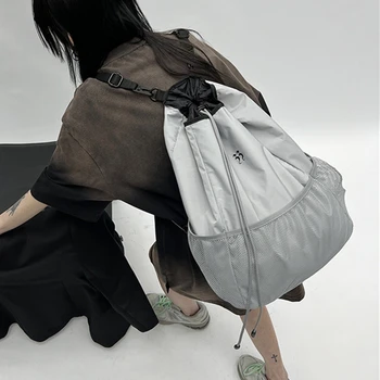 Серый Нейлоновый Легкий Сетчатый рюкзак Большой емкости, Женский карманный школьный рюкзак с ремешком на шнурке, Оригинальная женская сумка, Трендовая сетка