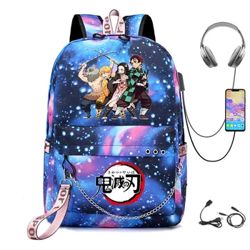 Студенческая школьная сумка Demon Slayer с аниме-принтом, рюкзак, USB-сумка для зарядки, дорожная сумка для путешествий, сумка для компьютера