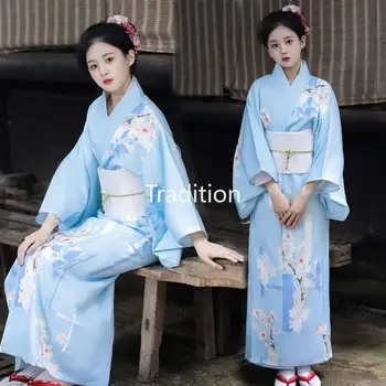 Японское Традиционное Кимоно, Женское Элегантное Синее Платье для Косплея с цветочным принтом, Повседневное Кимоно Гейши, Халат с бантом на талии, веер
